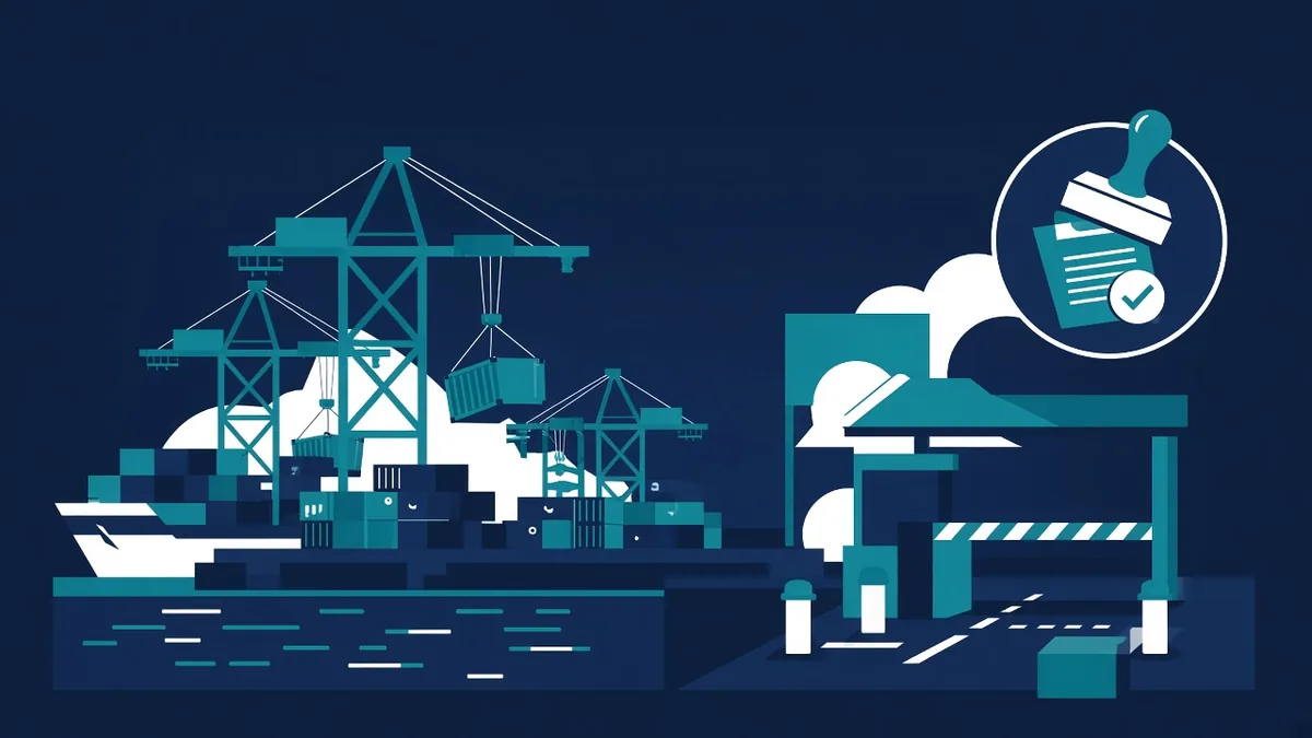 Flat illustration of cargo containers and customs paperwork