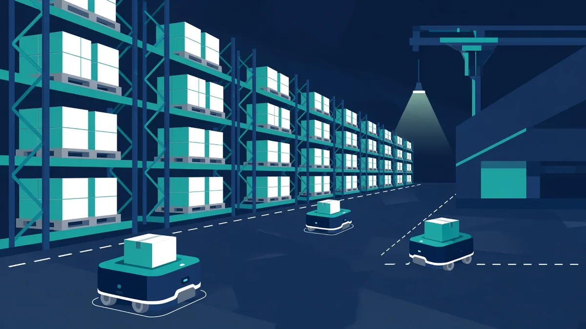 Flat illustration of a robot arm packing boxes
