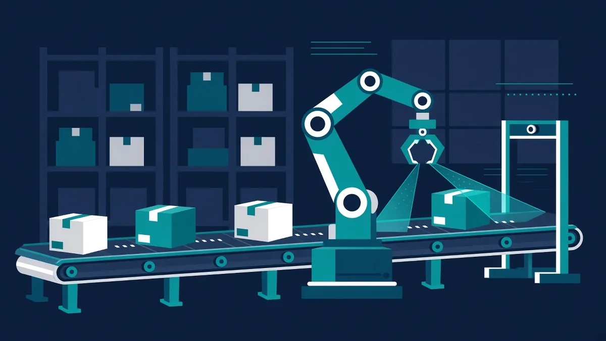 Flat illustration of a robot arm sorting items in a warehouse