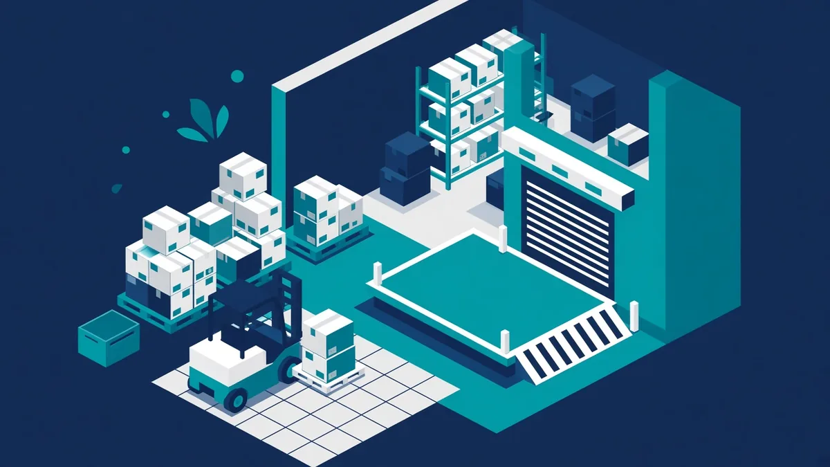 Flat illustration of warehouse racks and robots
